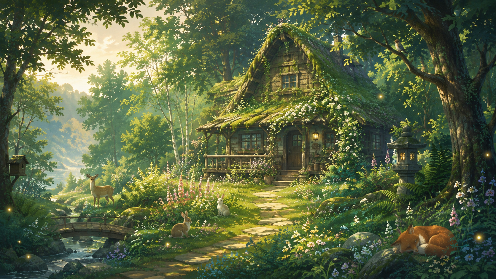 Verwunschenes Waldhäuschen im Anime-Stil, mit DeutschlandGPT erzeugt