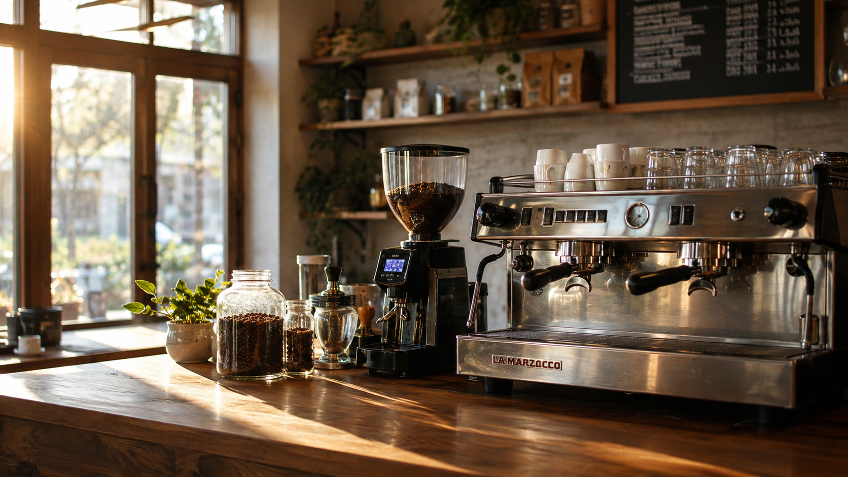 Café mit Siebträgermaschine, fotorealistisch, mit DeutschlandGPT erzeugt