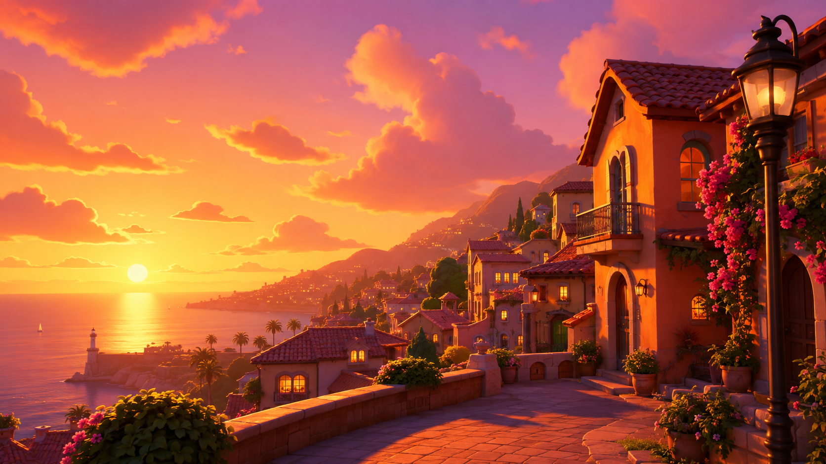 Mediterranes Küstenstädtchen im Sonnenuntergang als 3D-Render, mit DeutschlandGPT erzeugt