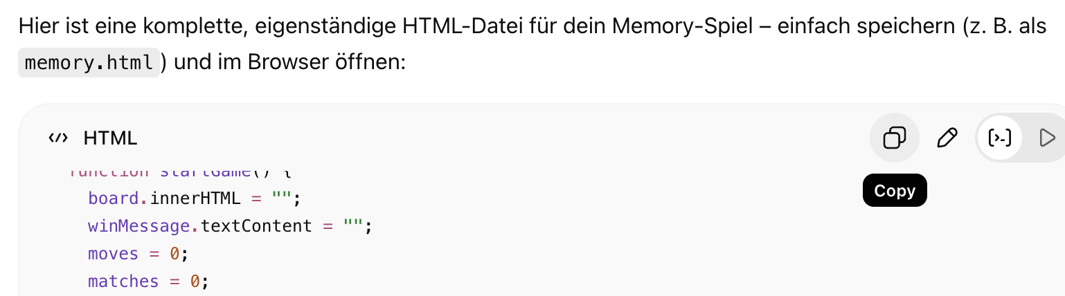 Der Kopieren-Button über einem Codeblock in einem KI-Chatbot.