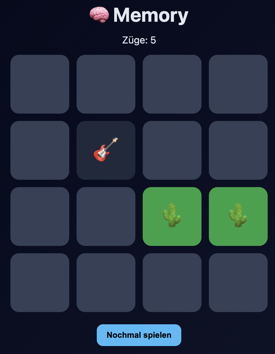Ein fertiges Memory-Spiel mit Emoji-Karten, dunklem Design, Flip-Animationen und Züge-Zähler.
