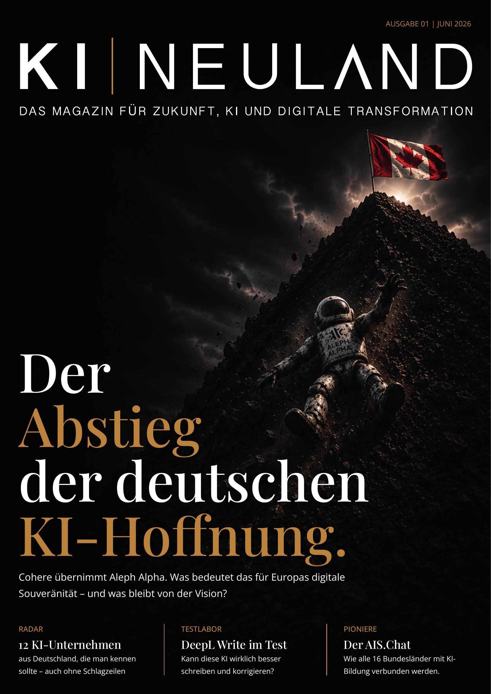 Cover der Ausgabe 01 von KI-Neuland — Juni 2026: „Der Abstieg der deutschen KI-Hoffnung“