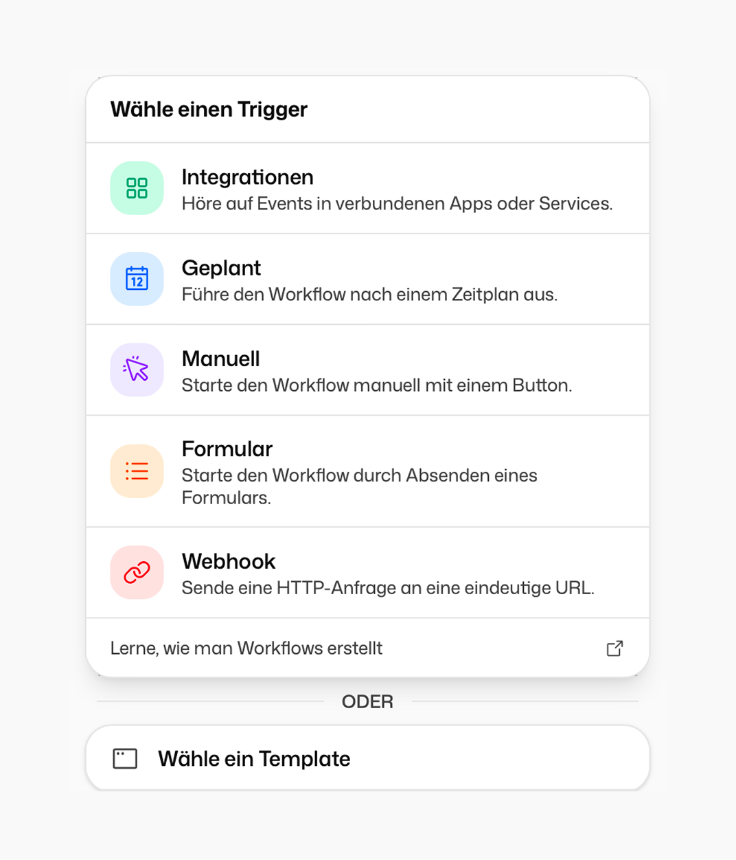 Neuer Workflow erstellen — Trigger auswählen