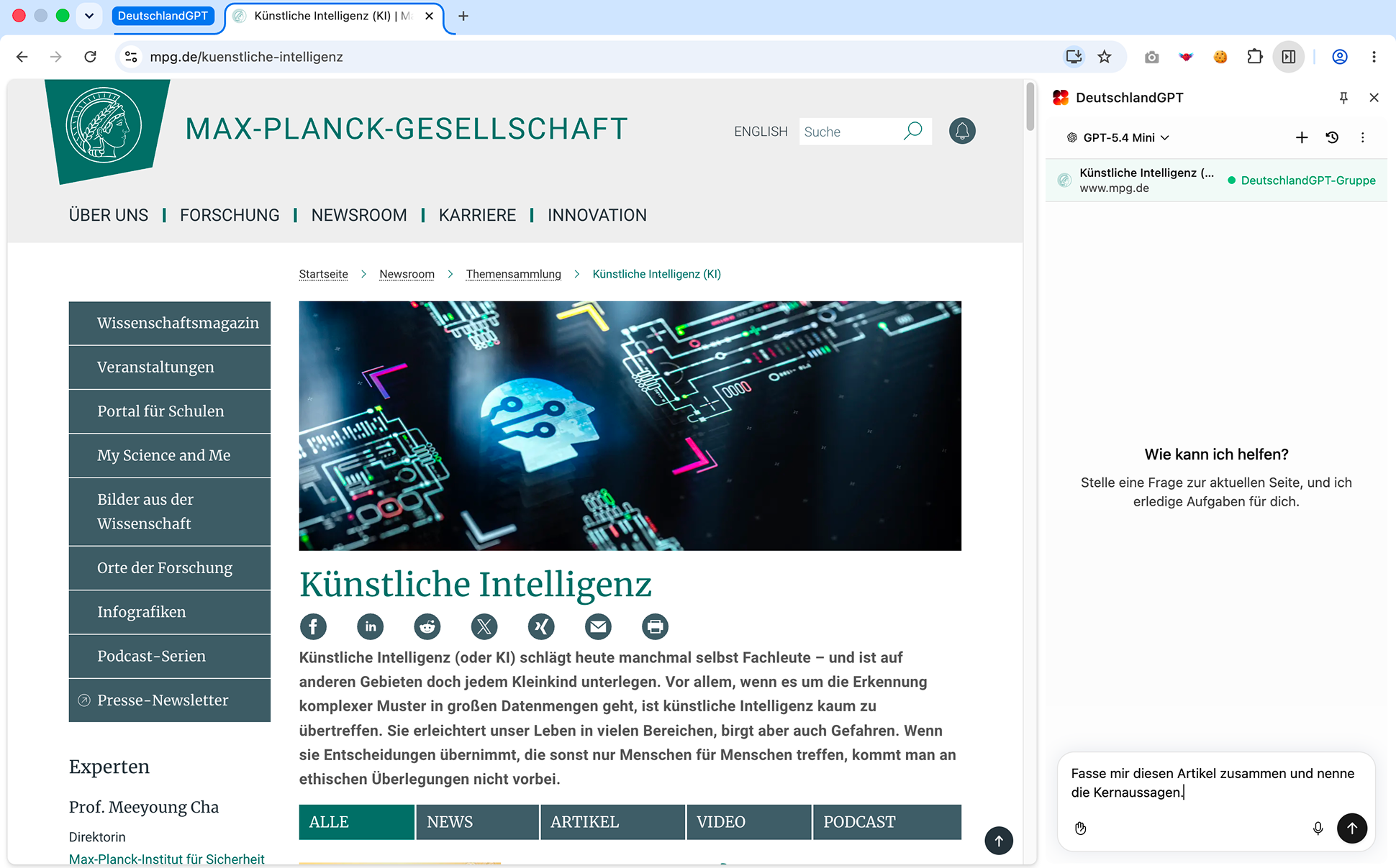 DeutschlandGPT Chrome-Erweiterung — Side-Panel auf einer Webseite