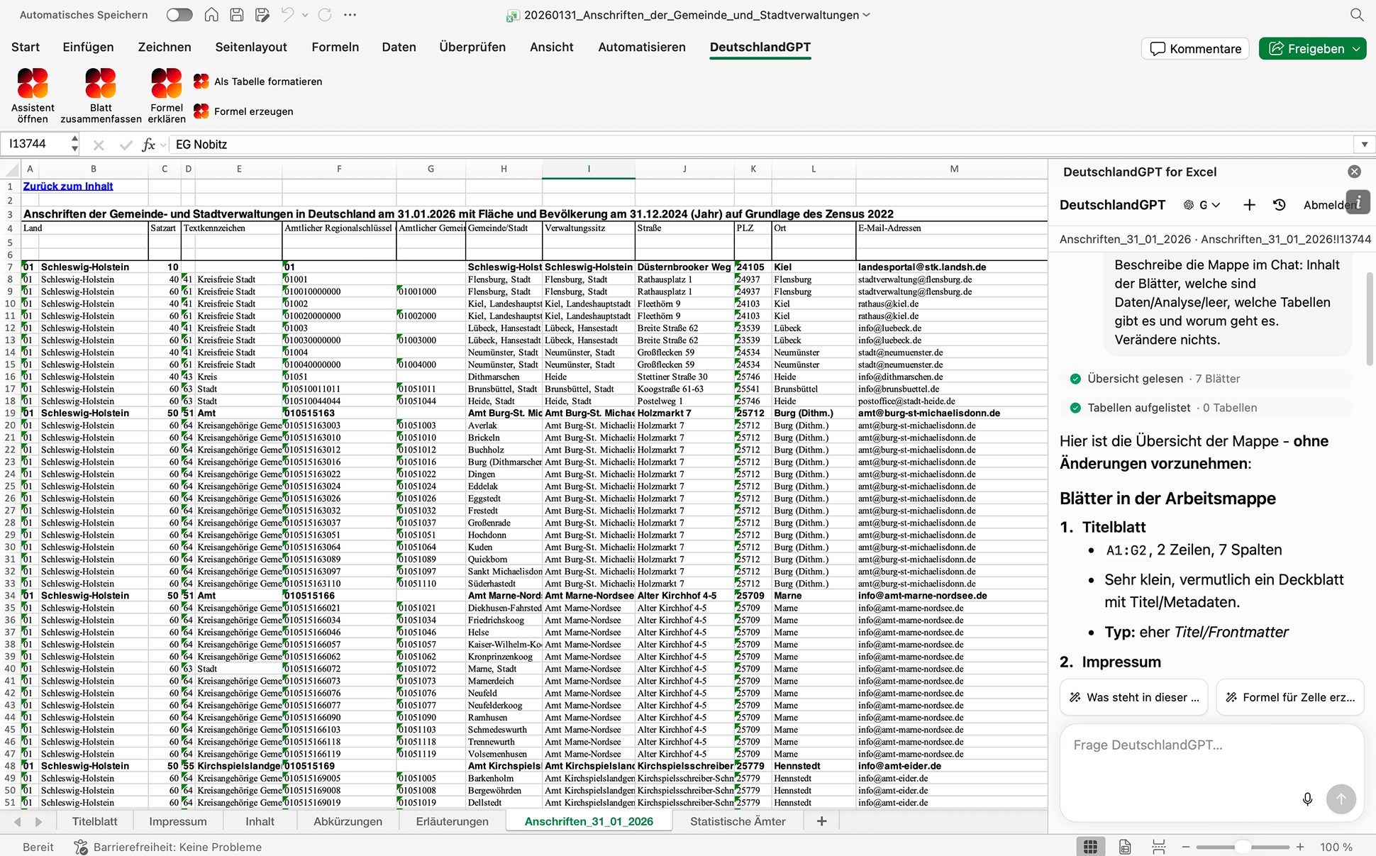 DeutschlandGPT für Excel — Task-Pane direkt in der Tabellenansicht