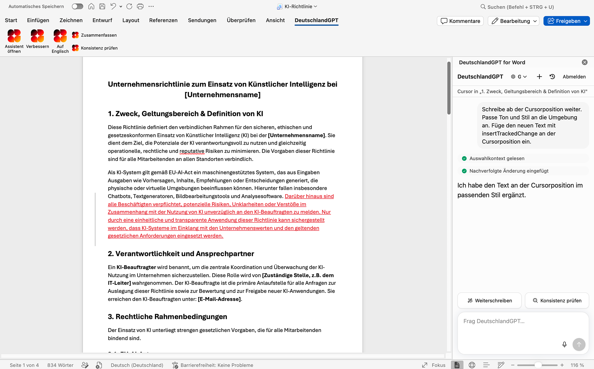 DeutschlandGPT für Word — Task-Pane im laufenden Dokument