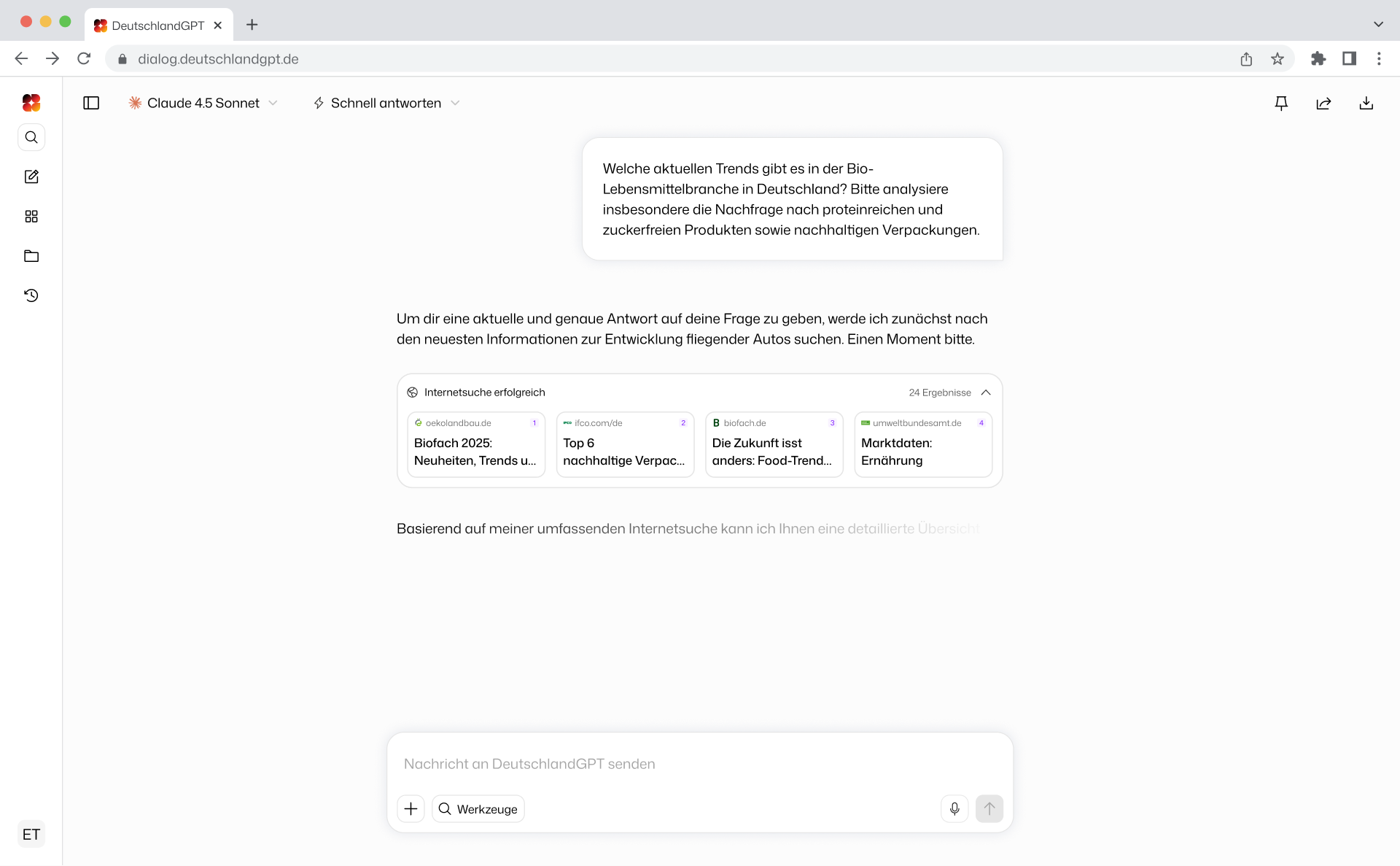DeutschlandGPT Chat-Interface — KI-Gespräch mit Modellwechsel, DSGVO-konform