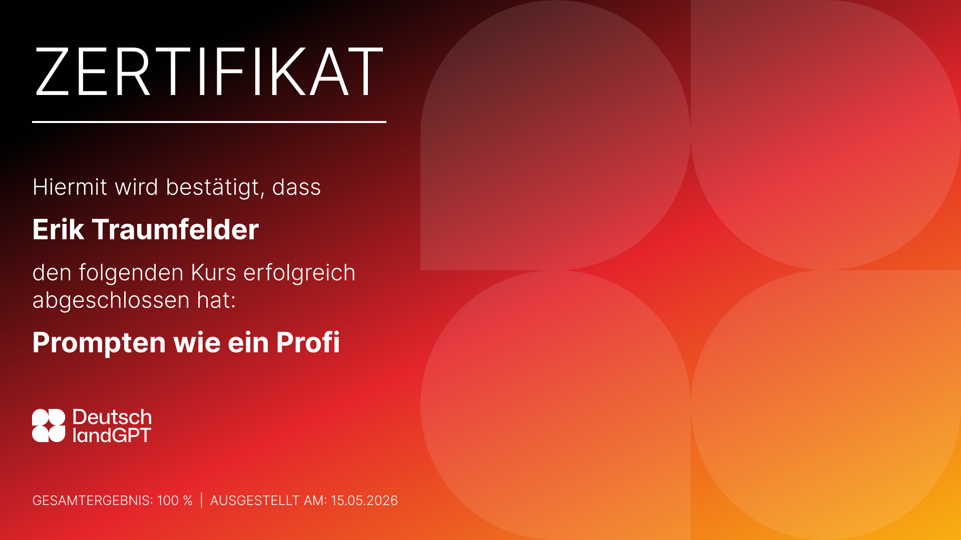 DeutschlandGPT Lernplattform — Beispiel-Zertifikat nach Kursabschluss
