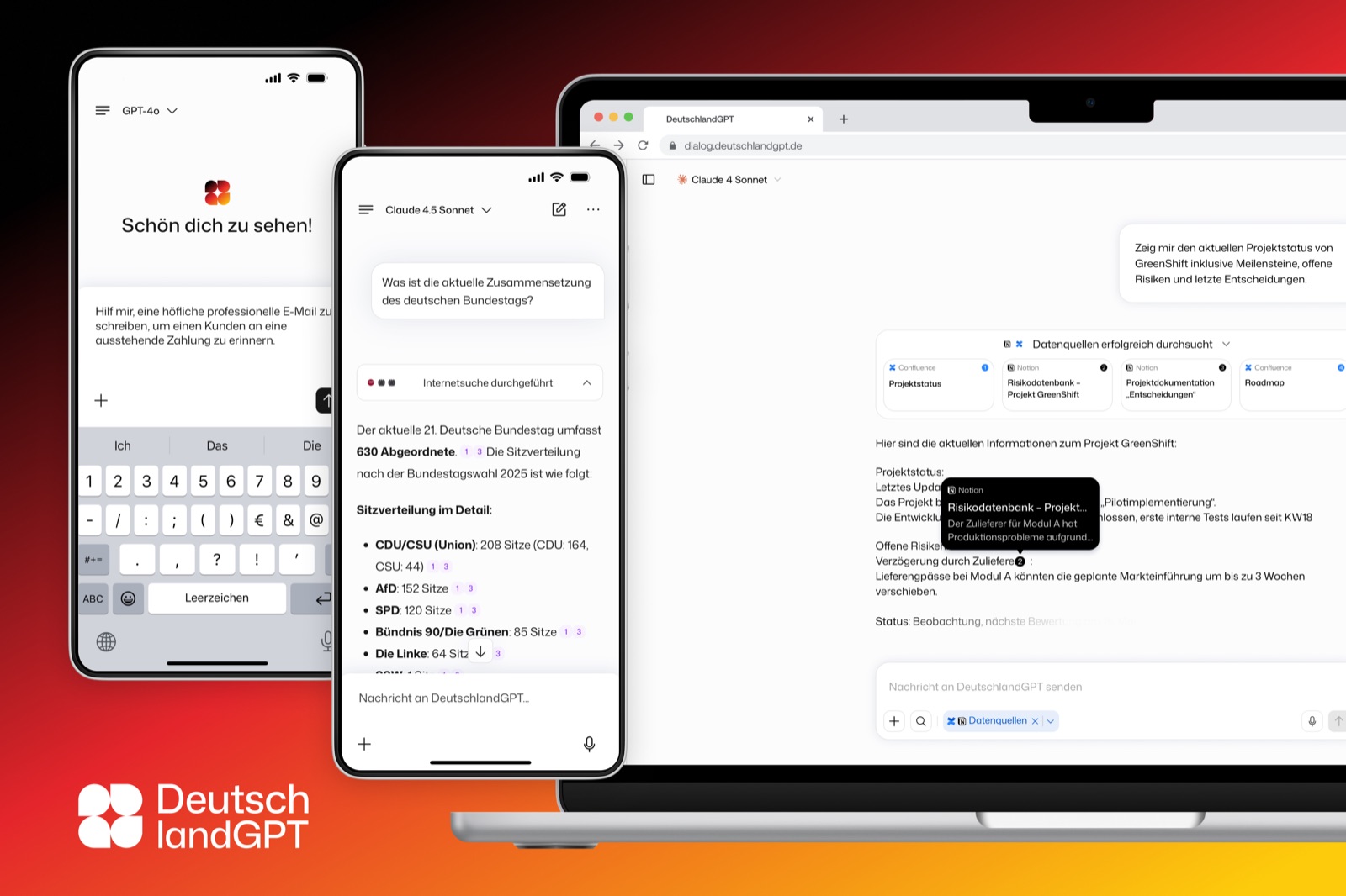 DeutschlandGPT auf Smartphone und Notebook vor dem Markenverlauf, Logo unten links