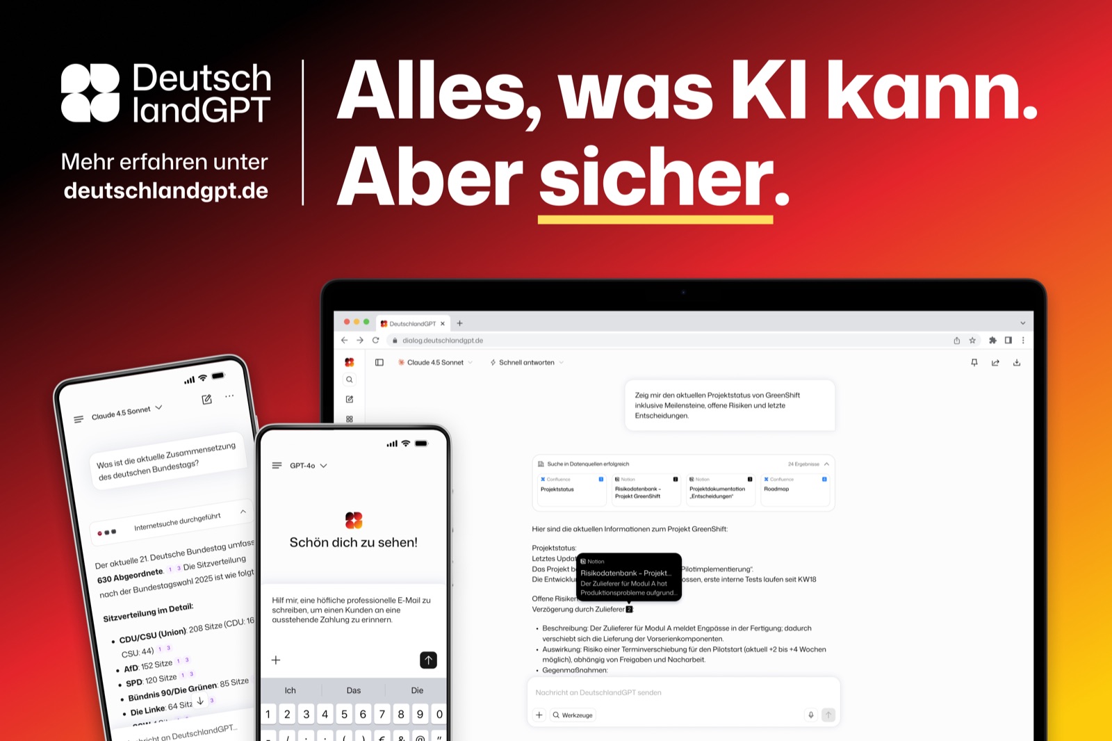 Titelmotiv mit dem Satz „Alles, was KI kann. Aber sicher.“ und Produktansichten