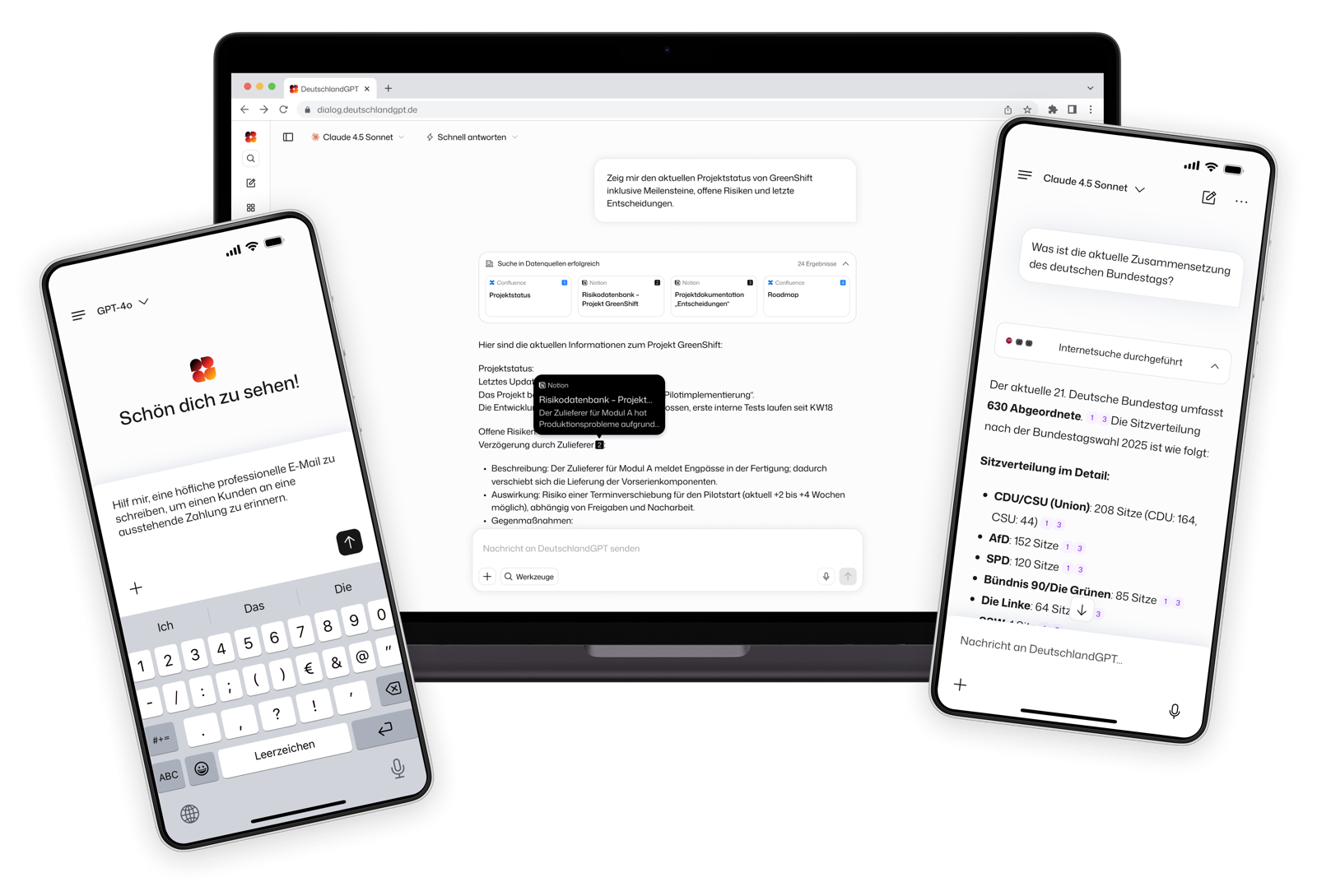 Freigestellte Ansicht von DeutschlandGPT auf Notebook und zwei Smartphones