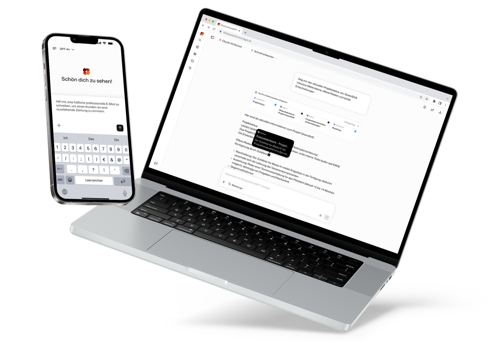 Freigestellte Ansicht von DeutschlandGPT auf einem Notebook und einem Smartphone